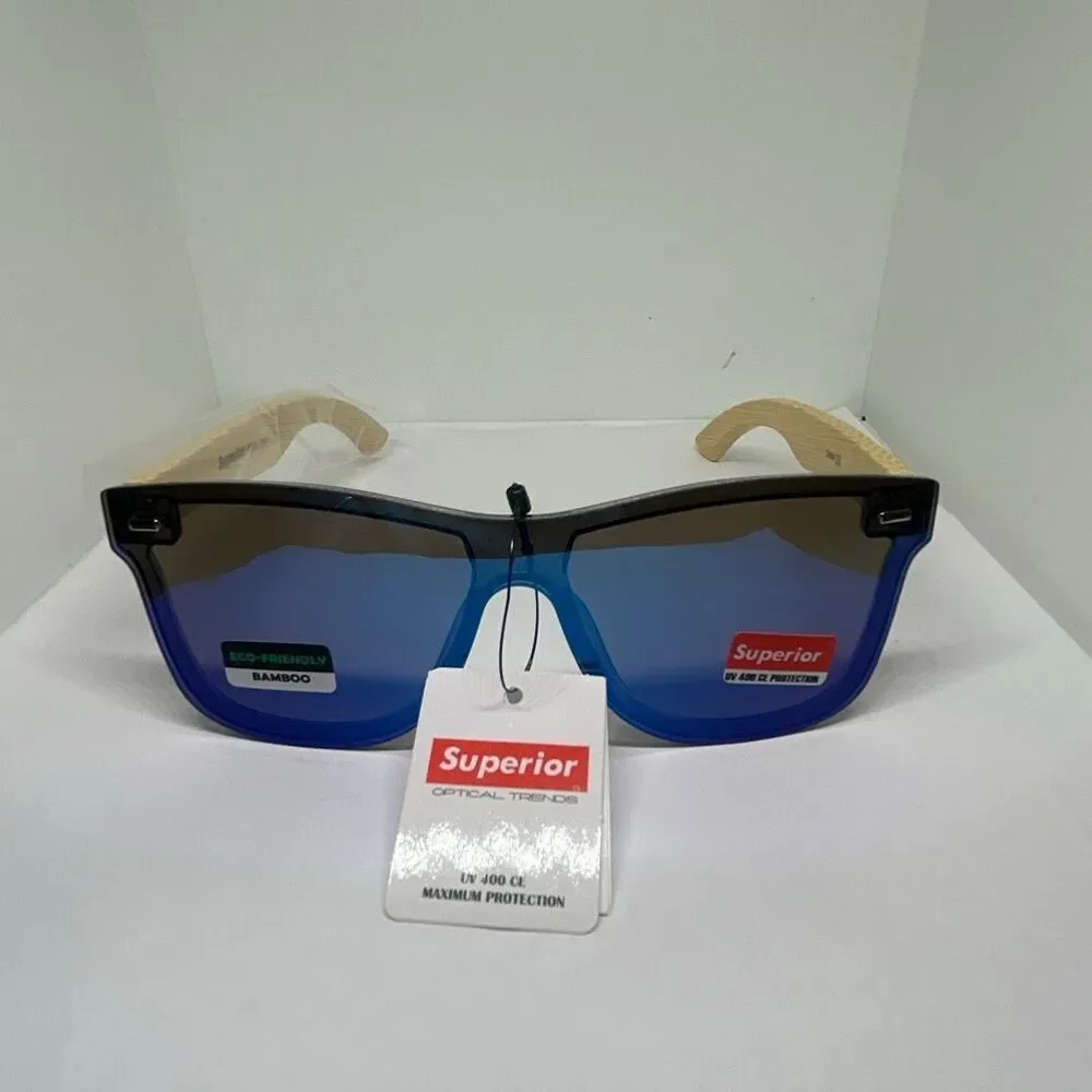 Superior Bamboo Mirrored  UV400 Rimless Shield Sunglasses Eco-Friendly Wooden Ar